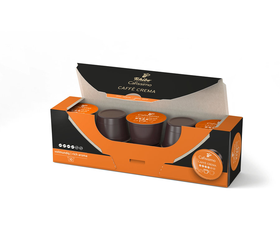Otwarte opakowanie kapsułek do kawy Cafissimo Caffè Crema.