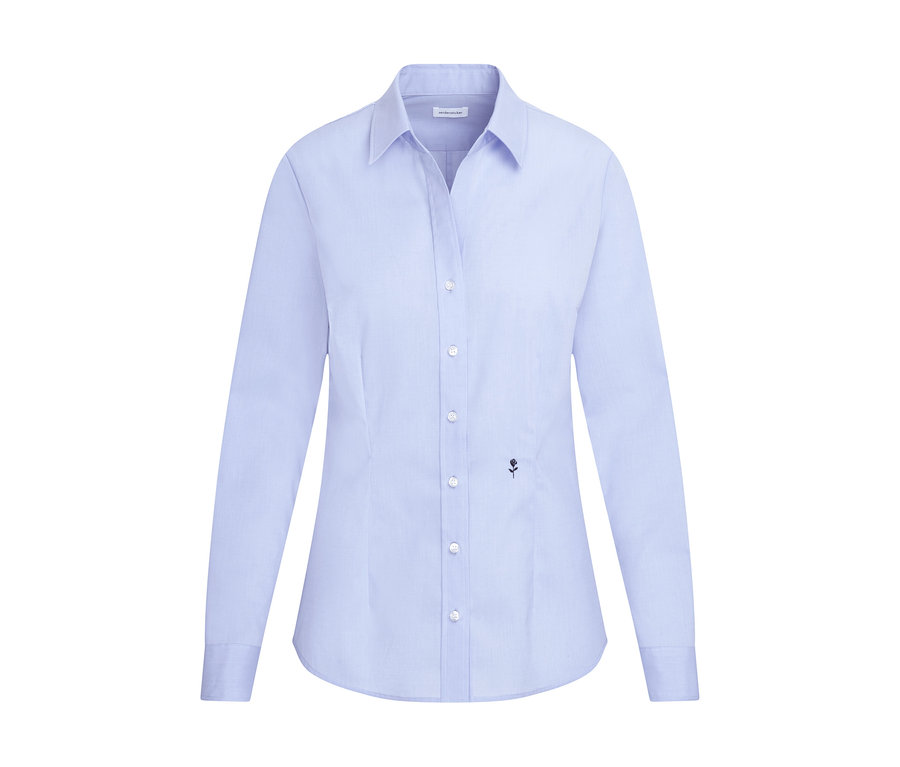 Jasnoniebieska bluzka Seidensticker Slim Fit z kołnierzykiem, białymi guzikami i małym, ciemnym logo róży.