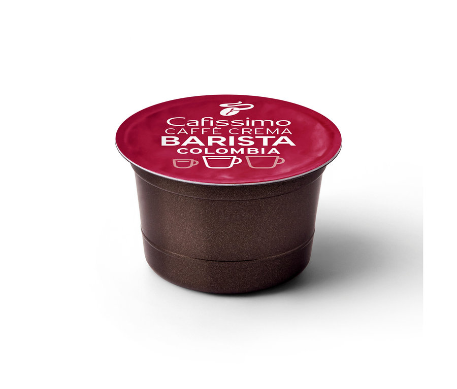 Ciemnobrązowa kapsułka Tchibo Cafissimo Barista Caffe Crema Colombia z czerwonym wieczkiem i białym napisem.