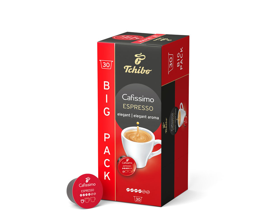 Czerwono-czarne opakowanie Big Pack kawy w kapsułkach Tchibo Cafissimo Espresso Elegant Aroma 30 szt., obok pojedyncza czerwona kapsułka.