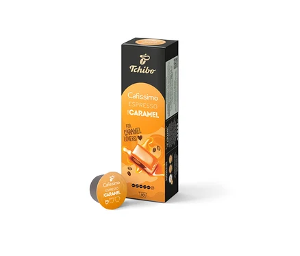 Opakowanie i kapsułka Cafissimo Flavoured Edition – Espresso Caramel z dziesięcioma kapsułkami.