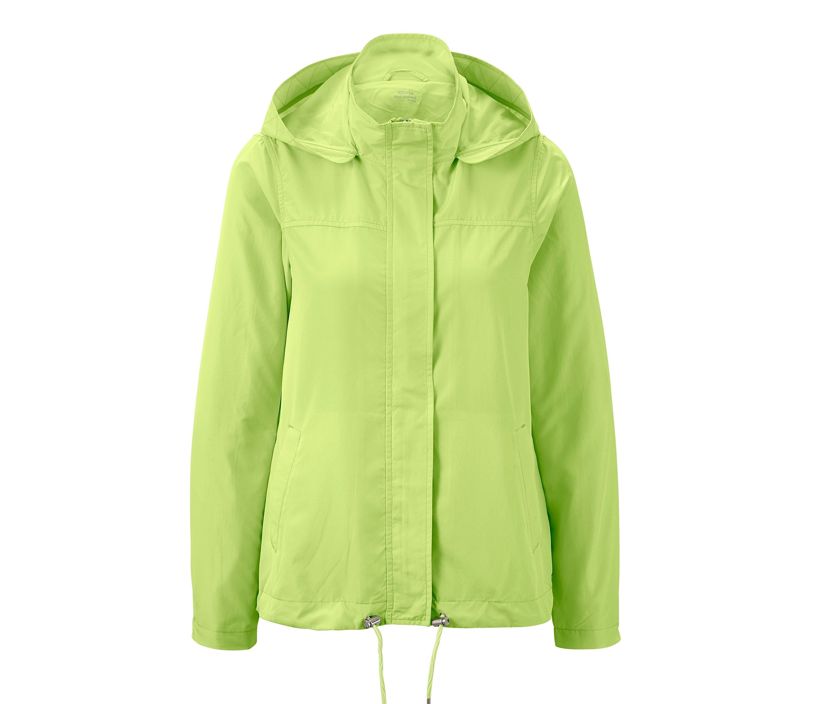 Lekka, limonkowa kurtka do biegania z kapturem i sznurkiem ściągającym.