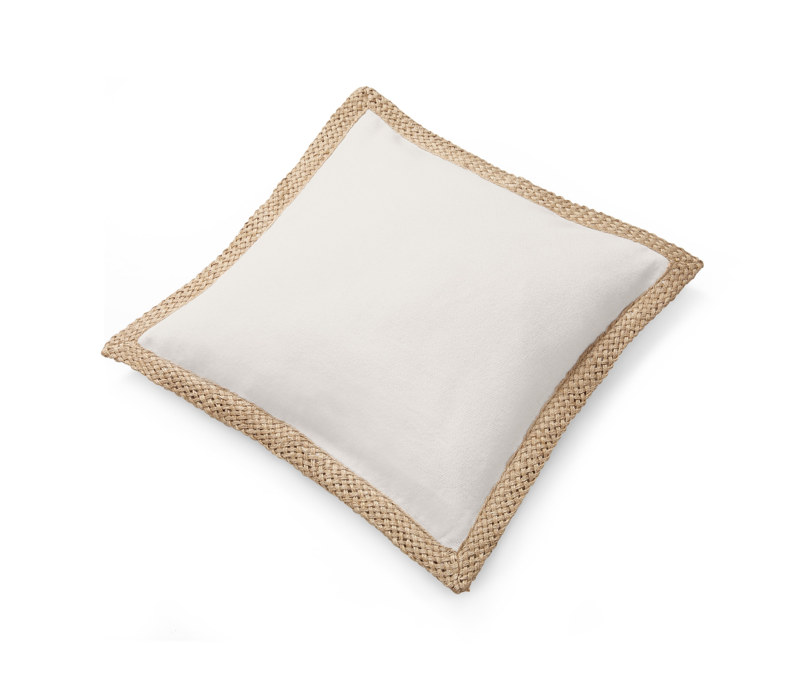 Biała poszewka na poduszkę z dekoracyjnym brzegiem z juty.