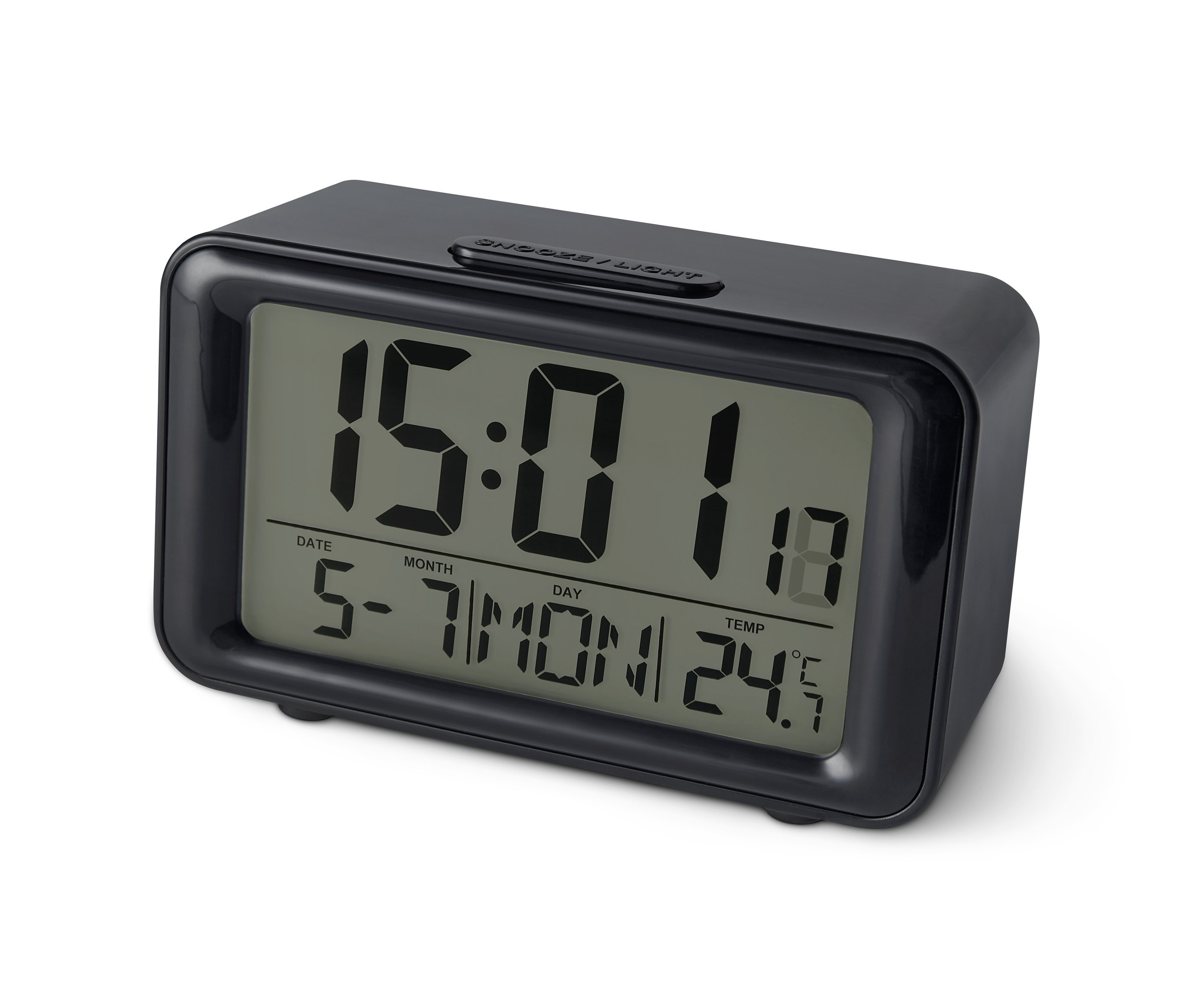 Czarny budzik cyfrowy LCD sterowany radiowo wyświetla godzinę 15:01.