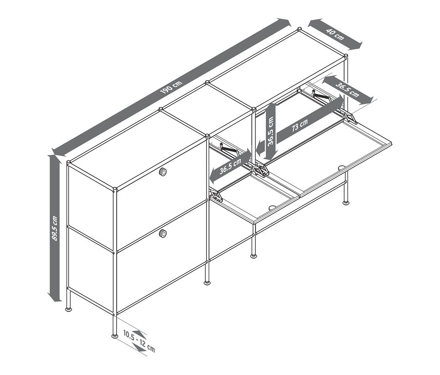 Rysunek metalowej szafki typu sideboard »CN3« dużej, z 6 komorami z klapami. Wymiary podane w centymetrach.