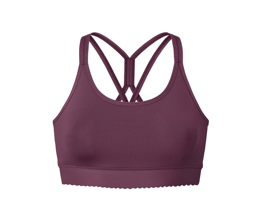 Fioletowy biustonosz sportowy.