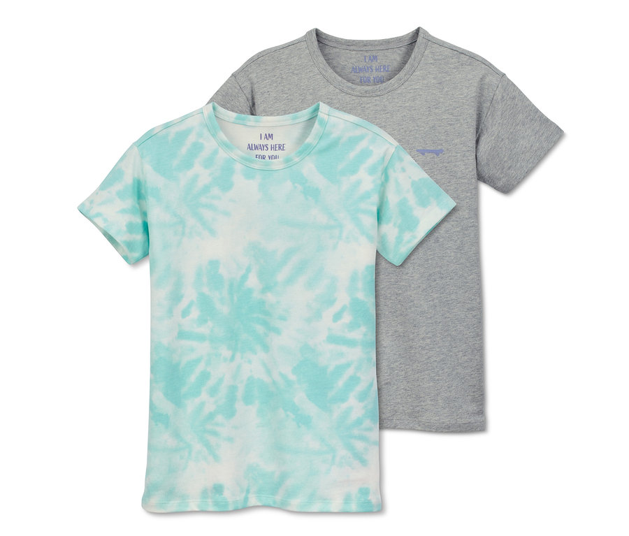 Dwa T-shirty z bawełny ekologicznej: turkusowy tie-dye i szary.