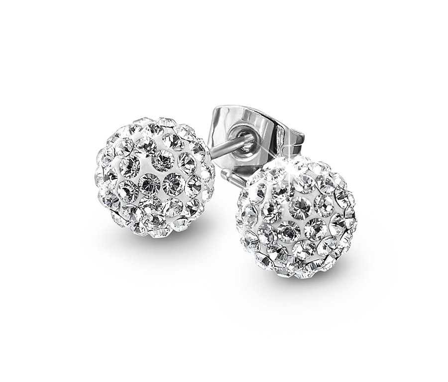 Dwa srebrne kolczyki na sztyft zdobione kryształami Swarovski® leżą na białym tle.