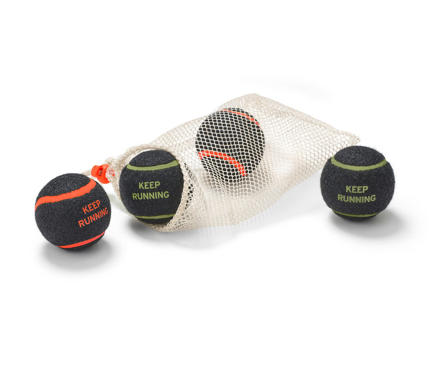 Cztery piłki dla psów częściowo wysypane z białej siatki.