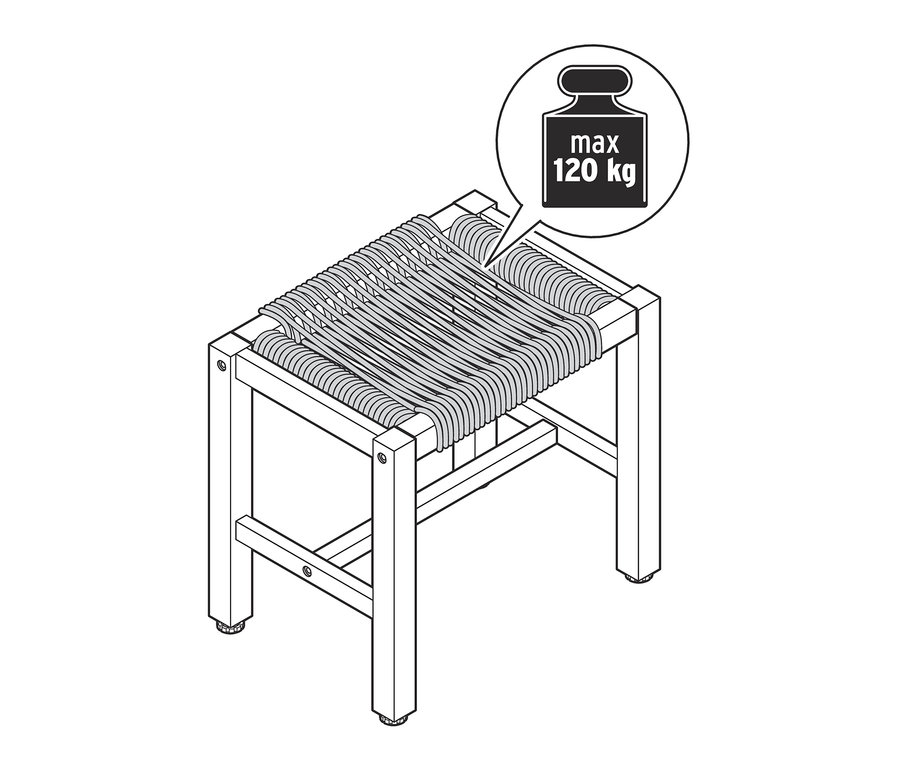 Ilustracja stołka »Lenja« z plecionką tekstylną z napisem max. 120 kg.