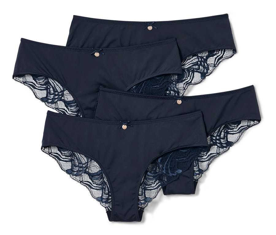 Cztery pary granatowych fig brazylijskich z koronką.