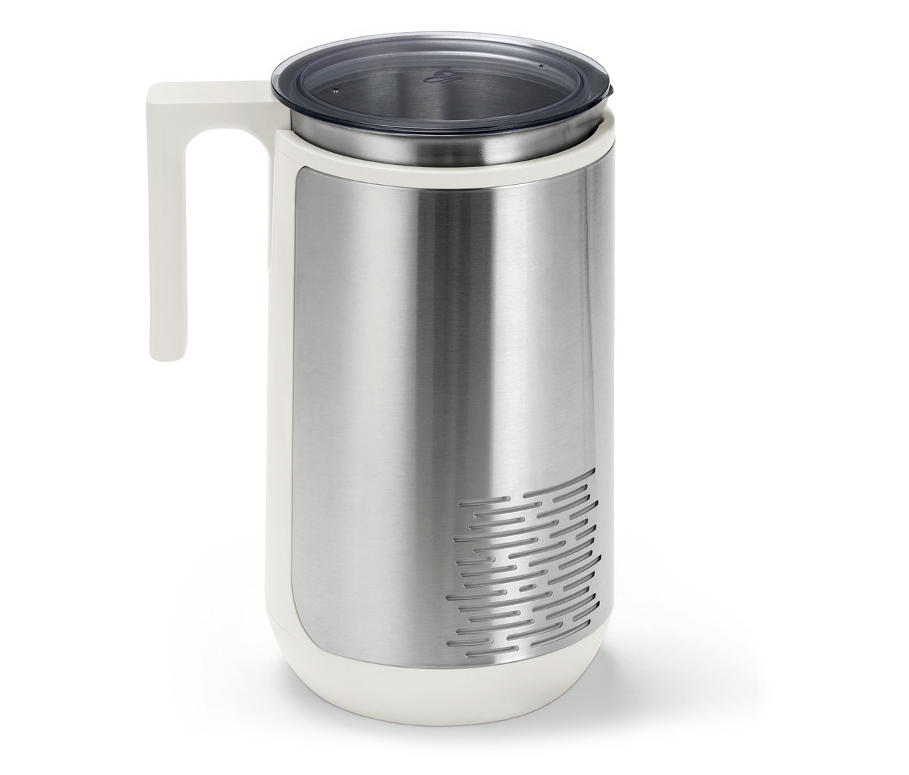 Termos ze stali nierdzewnej z białym uchwytem i przezroczystą pokrywką.