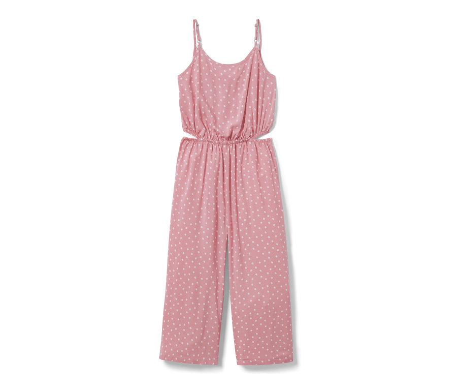 Różowy kombinezon dziecięcy ze spodniami o długości 7/8 w białe kropki.