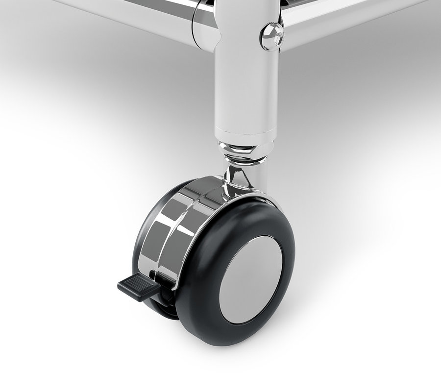 Zbliżenie na kółko białego metalowego kontenera na kółkach »CN3« z 3 drzwiczkami.