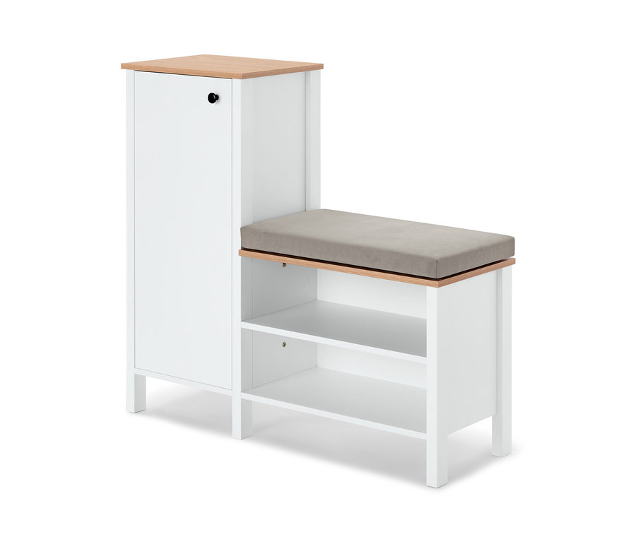 Biała ławka z szafką na buty i szarą poduszką do siedzenia.