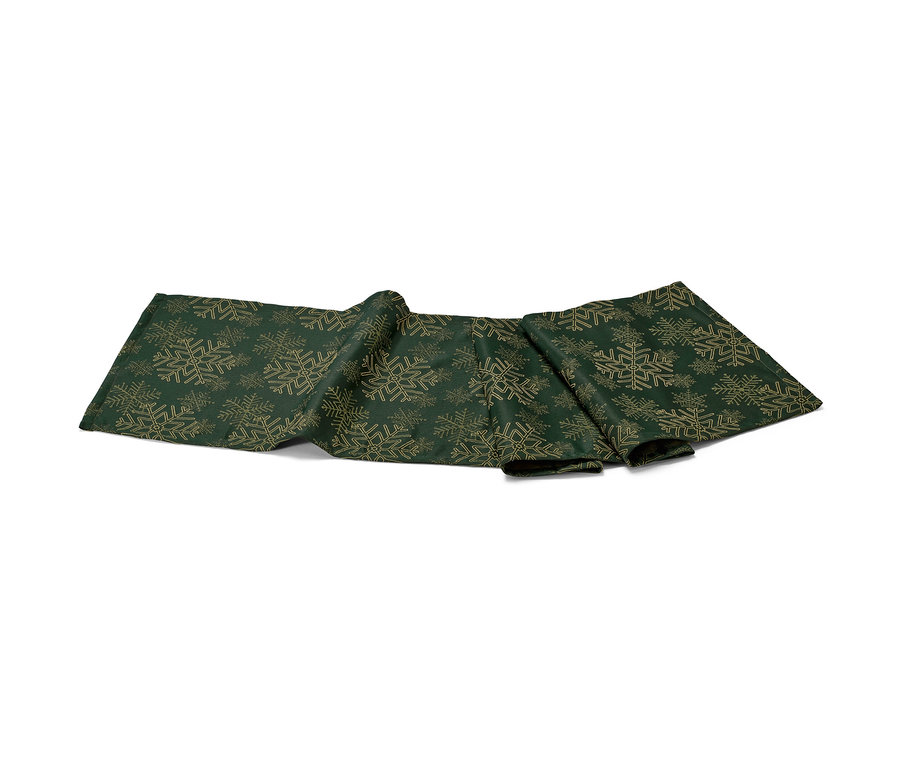 Zielony żakardowy bieżnik ze wzorem płatków śniegu.