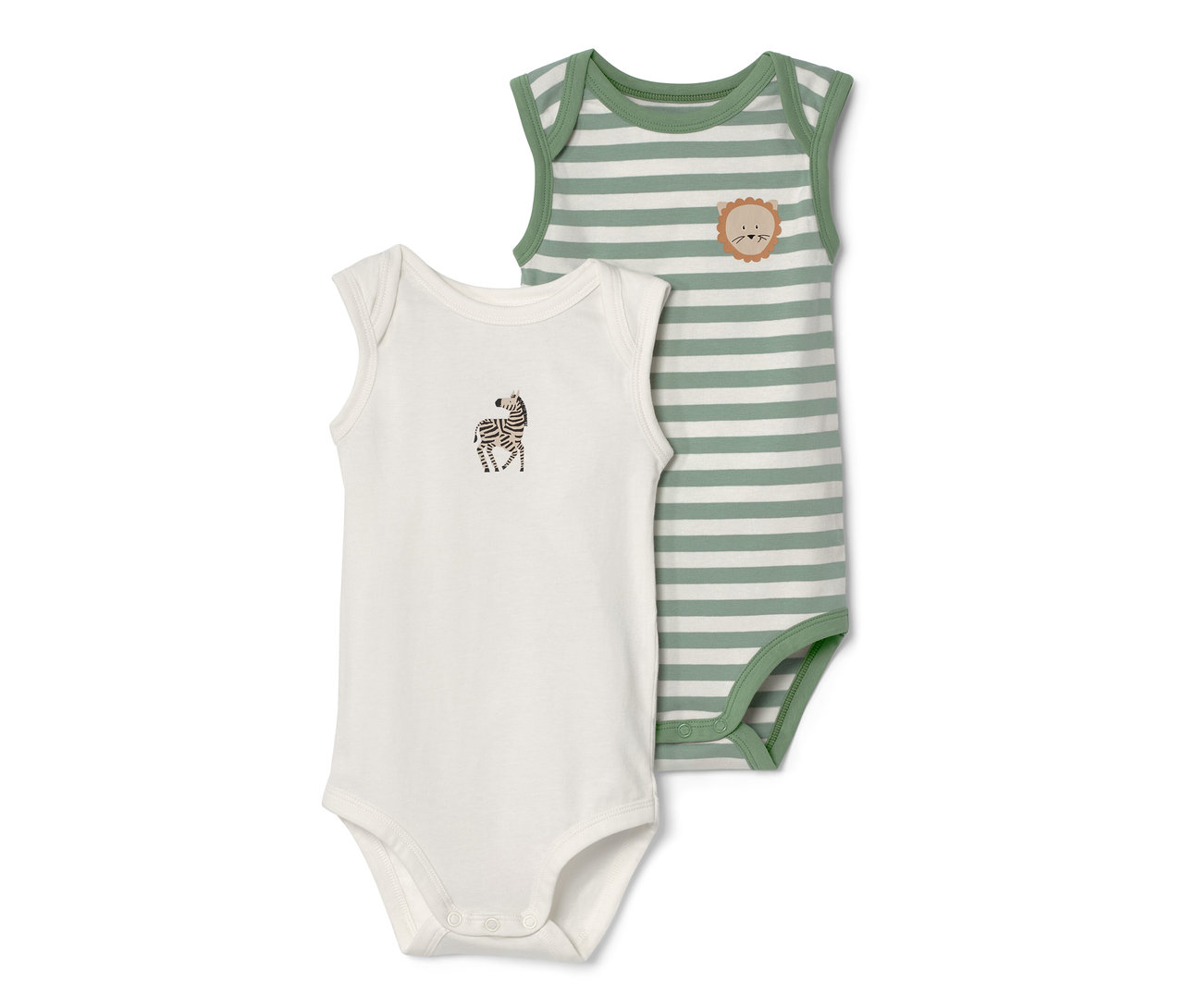 Dwa body niemowlęce rosnące z dzieckiem: jedno białe w zebrę, drugie zielone w paski z lwem.