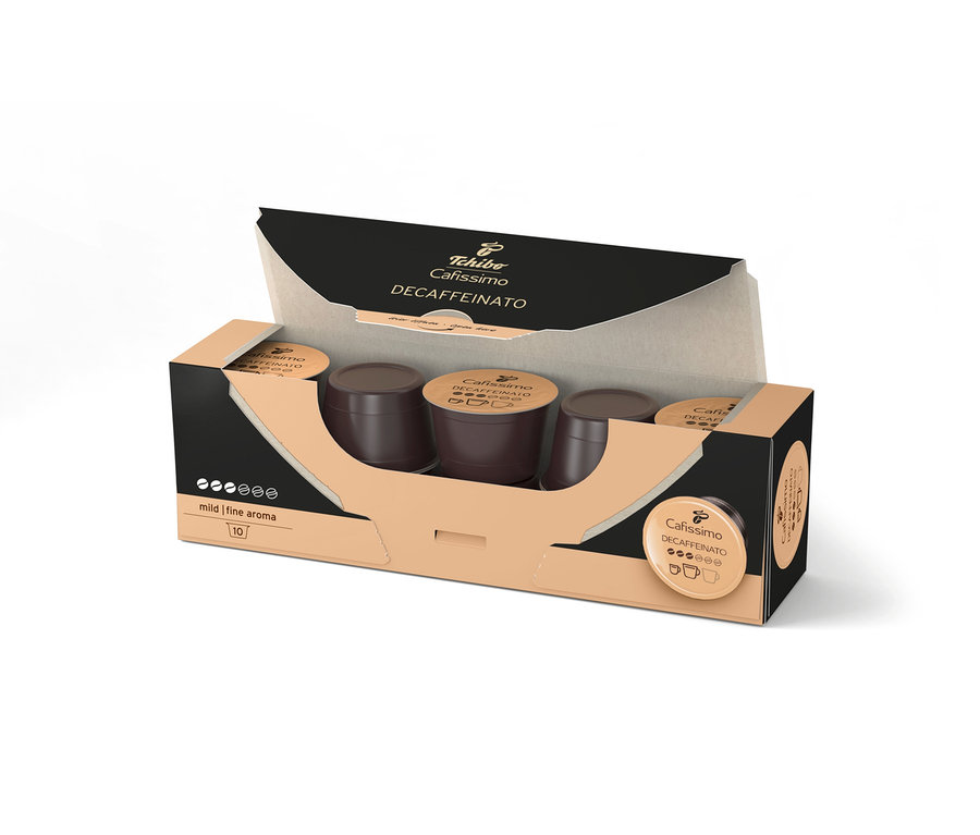 Pudełko z dziesięcioma kapsułkami kawy Cafissimo Decaffeinato.