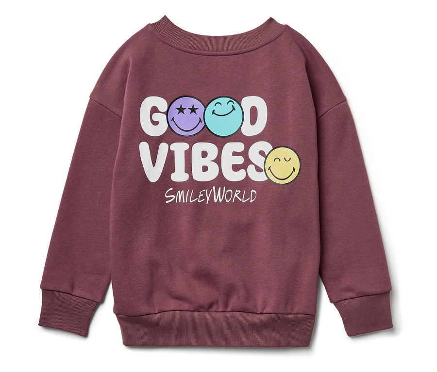Burgundowa bluza z napisem "Good Vibes" i obrazkami uśmiechniętych buziek.
