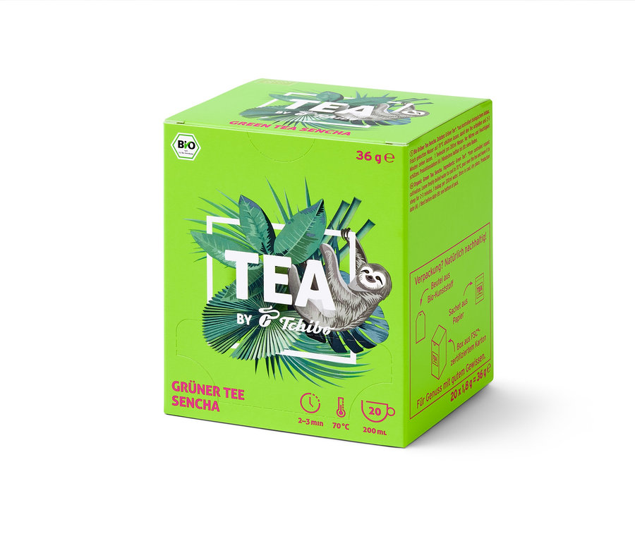 Zielone opakowanie BIO TEA by Tchibo Sencha z leniwcem.