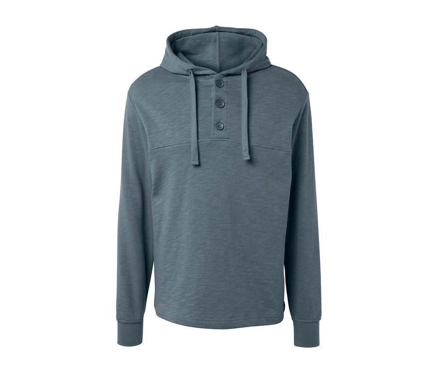 Szara bluza z kapturem zapinana na guziki.