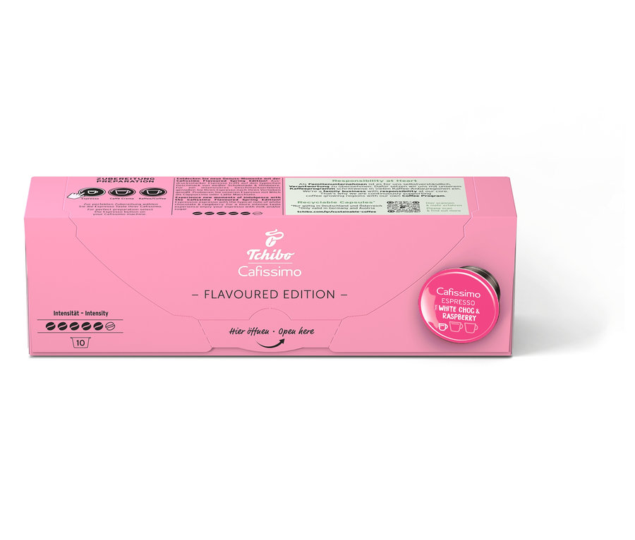 Opakowanie 10 kapsułek Cafissimo Flavoured Espresso – White Choc & Raspberry.