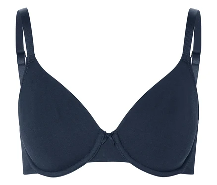 Zbliżenie na granatowy biustonosz z fiszbinami i regulowanymi ramiączkami.