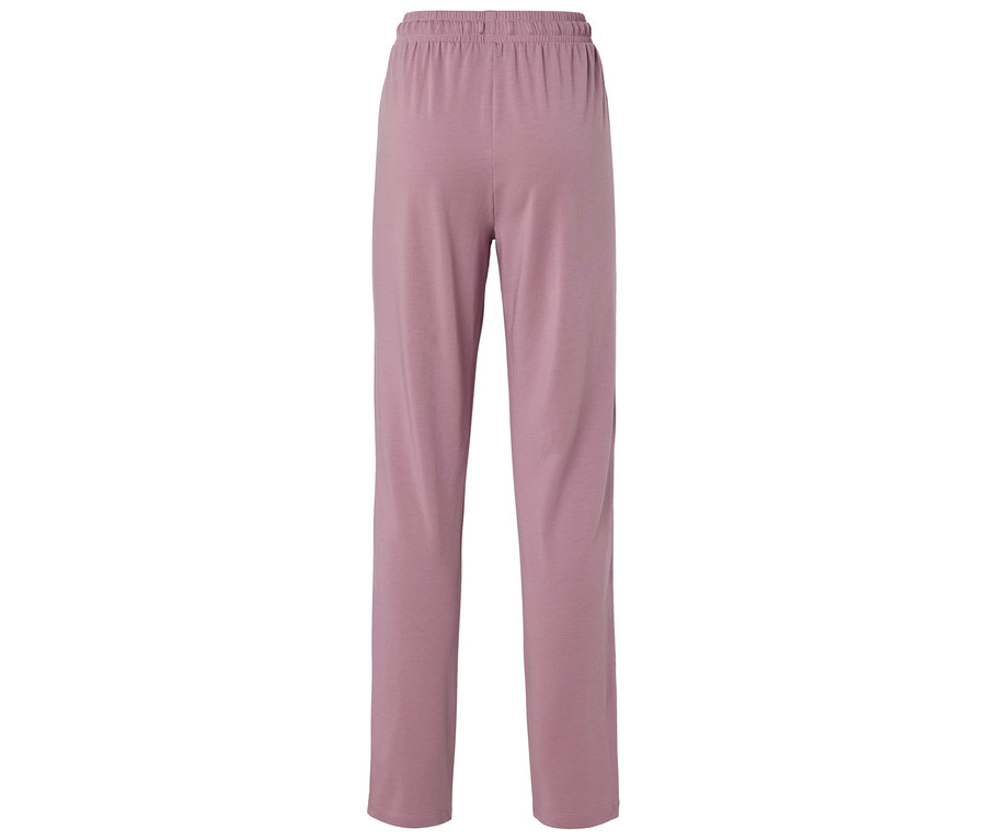 Widok z tyłu na jasnofioletowe spodnie z elastycznym pasem.