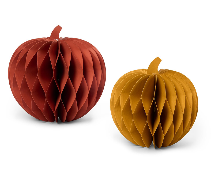 Dwie dekoracyjne dynie z papieru o strukturze plastra miodu, jedna w kolorze czerwono-brązowym, a druga w kolorze musztardowo-żółtym.