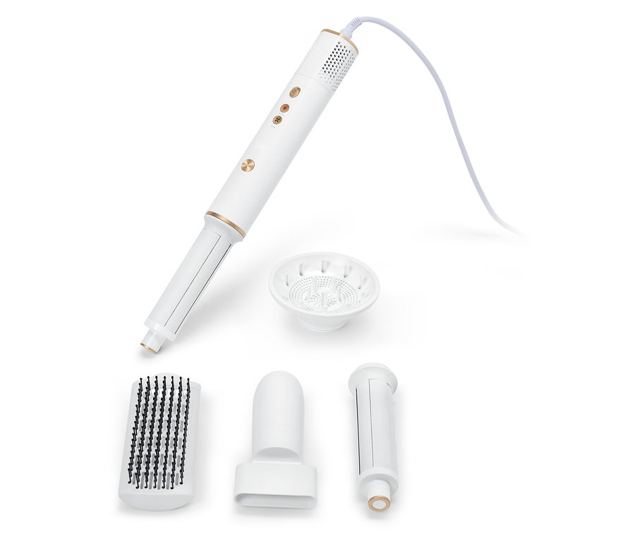 Białe, wielofunkcyjne urządzenie do stylizacji włosów z różnymi nasadkami na białym tle.