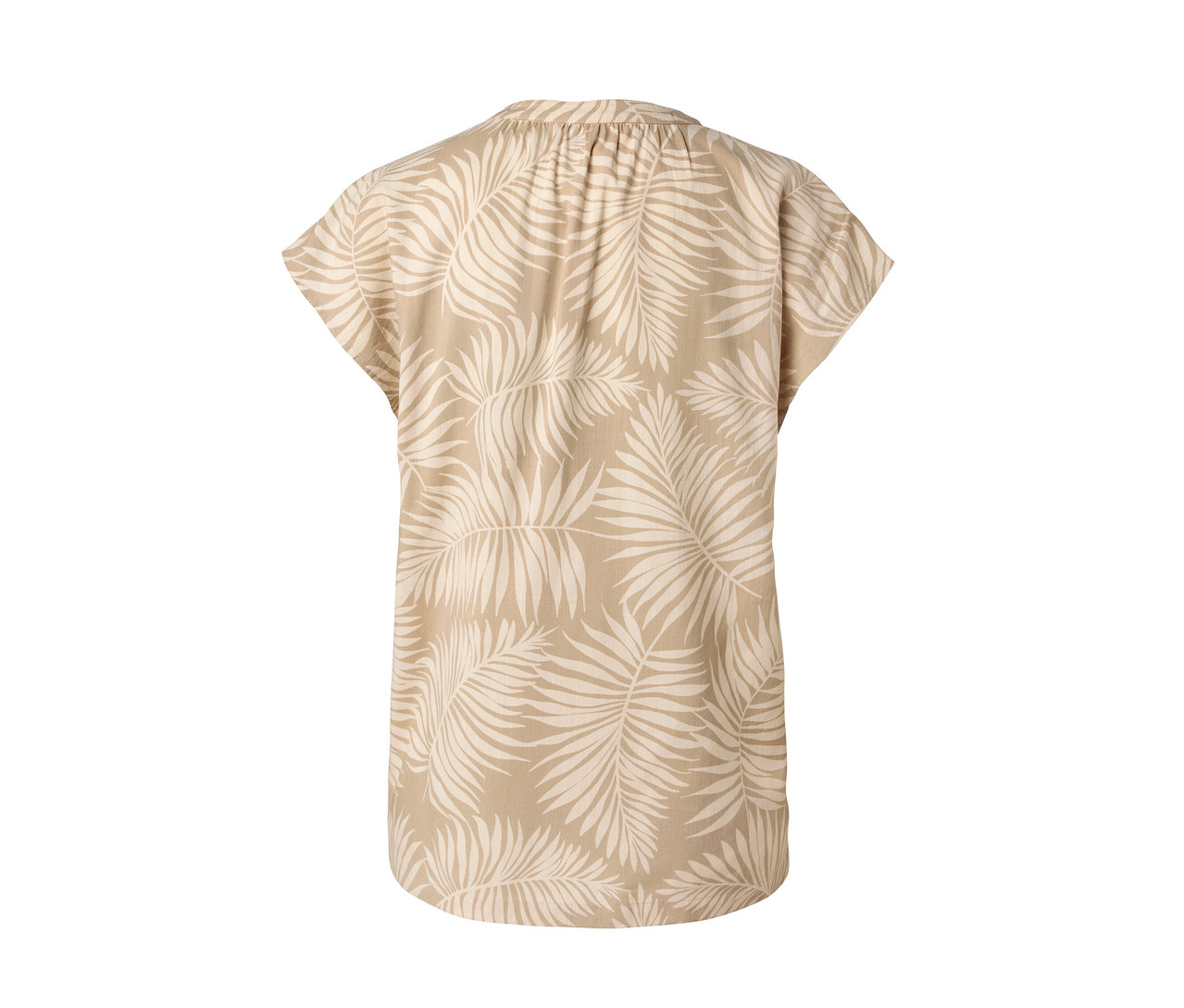 Beżowa bluzka z krótkim rękawem we wzór liści.