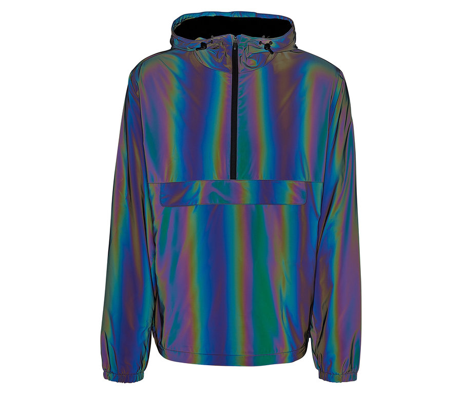 Błyszcząca kurtka z kapturem i czarnym zamkiem błyskawicznym pośrodku.