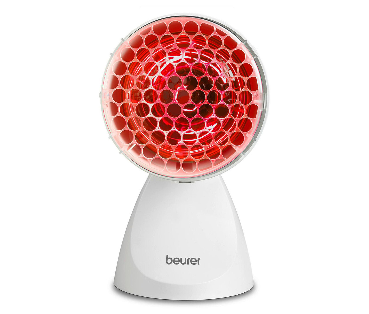 Lampa na podczerwień Beurer z czerwonym światłem na białej podstawie.