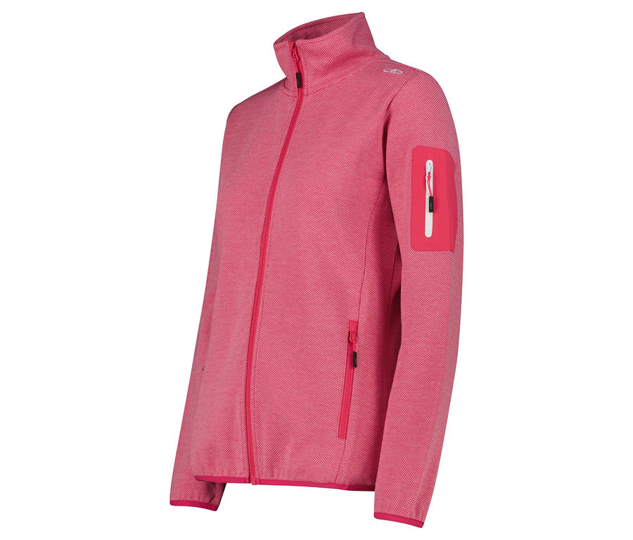 Różowa kurtka polarowa zapinana na zamek błyskawiczny z kieszeniami.
