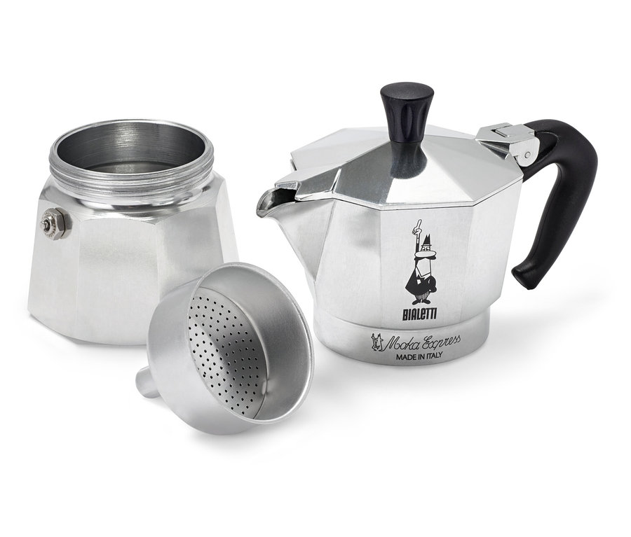 Srebrny, rozłożony ekspres do kawy marki Bialetti na białym tle.