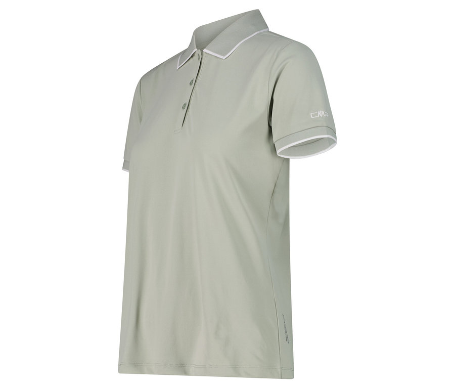 Jasnozielona koszulka polo z białymi akcentami na kołnierzyku i rękawach.