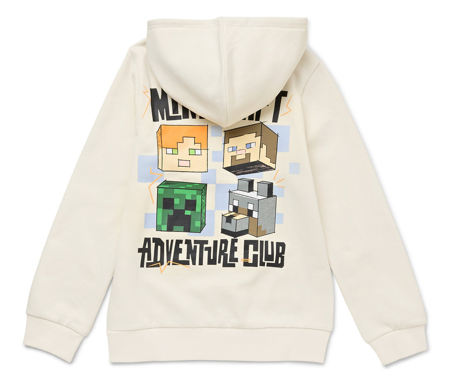 Widok z tyłu kremowej bluzy z kapturem z postaciami z Minecrafta i napisem "Adventure Club".