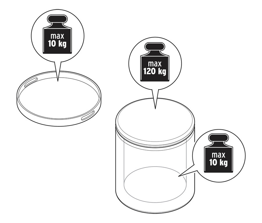Ilustracja stolika z tacą i funkcją siedziska ze wskazaniem wagi.