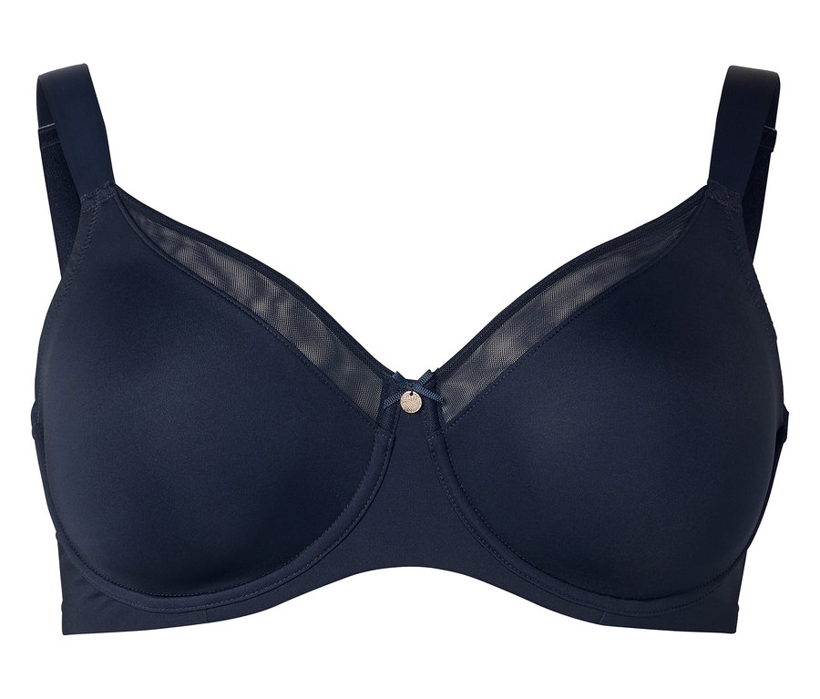 Granatowy biustonosz z fiszbinami i detalami z siateczki.