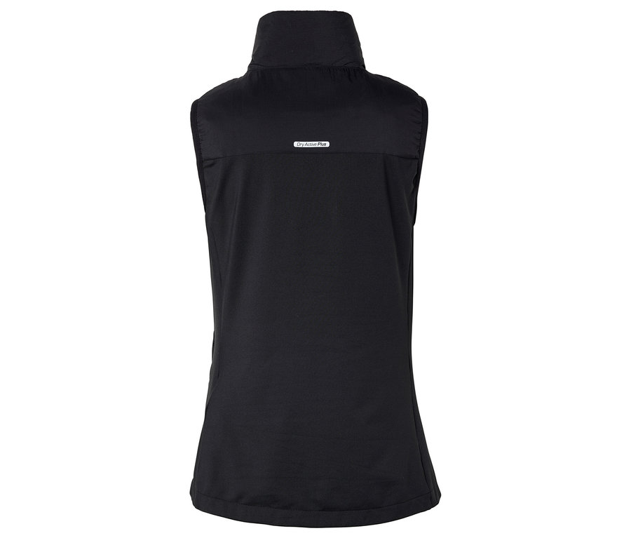 Czarna kamizelka bez rękawów z wysokim kołnierzem i zamkiem błyskawicznym.