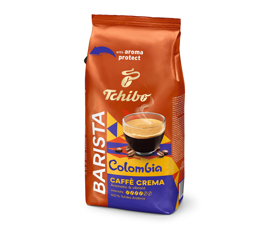 Pionowa, brązowo-niebieska torba BARISTA Origins Colombia – 1 kg, kawa w ziarnach z filiżanką kawy i ziarnami kawy.