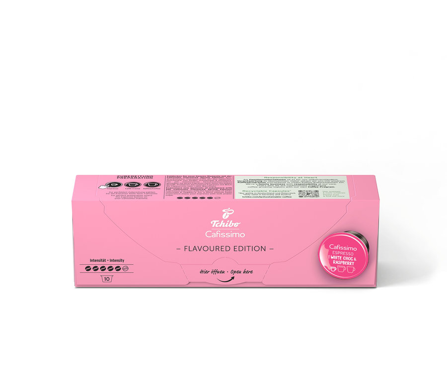 Opakowanie 10 kapsułek Cafissimo Flavoured Espresso – White Choc & Raspberry.