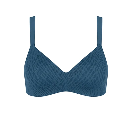 Niebieski biustonosz bez fiszbin z subtelnym geometrycznym wzorem i cienkimi ramiączkami.