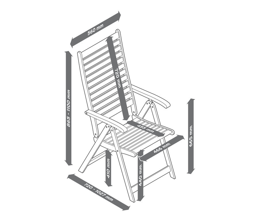 Schemat krzesła z wysokim oparciem z 6-stopniową regulacją i wymiarami.