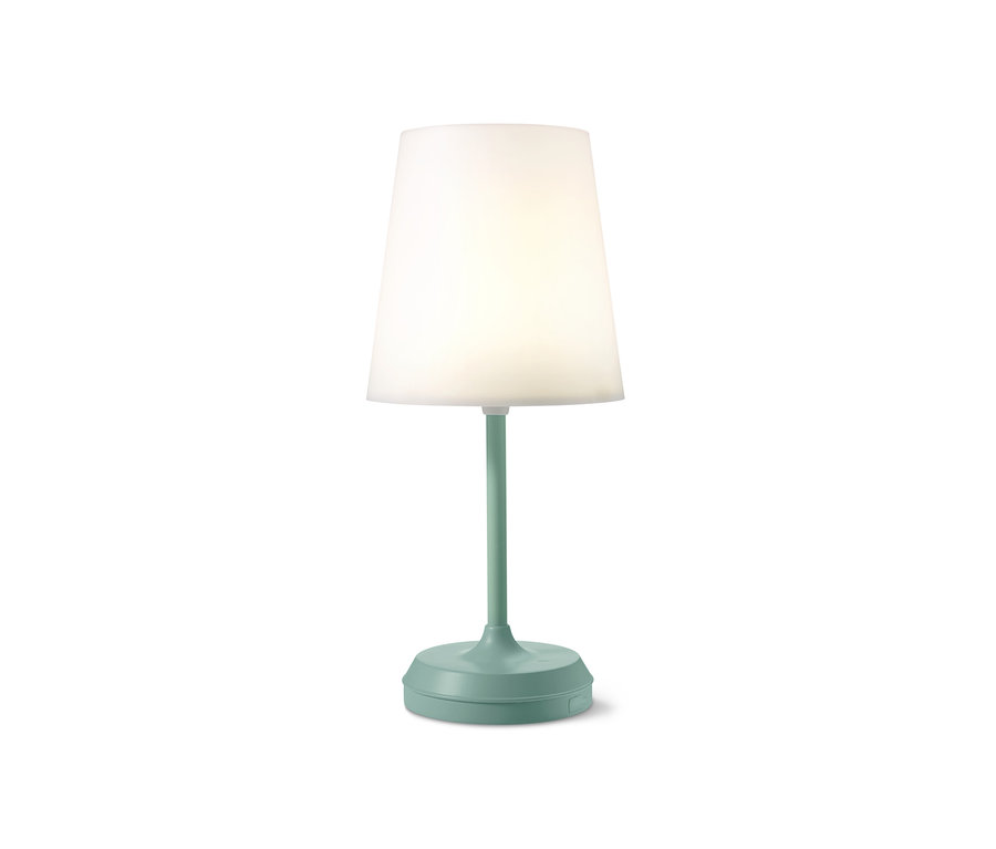 Zielona lampka stołowa LED, akumulatorowa, z abażurem.