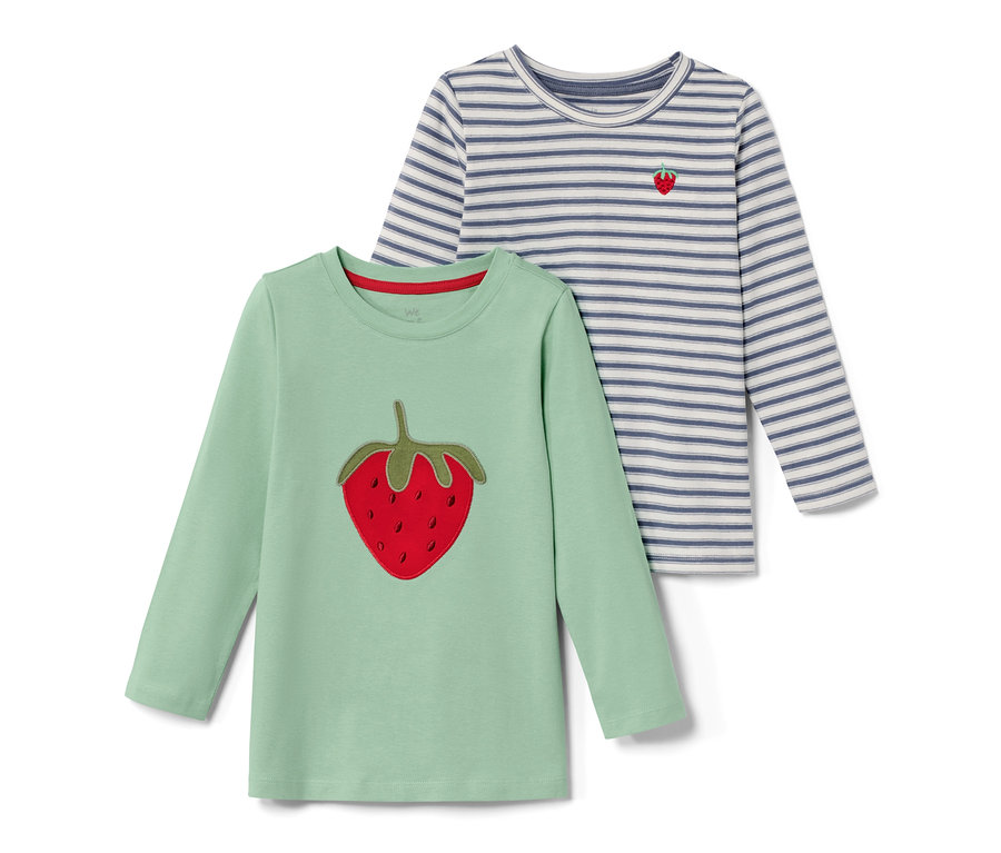 Koszulki, 2 sztuki: jedna jasnozielona z truskawką, druga w paski z małą truskawką.