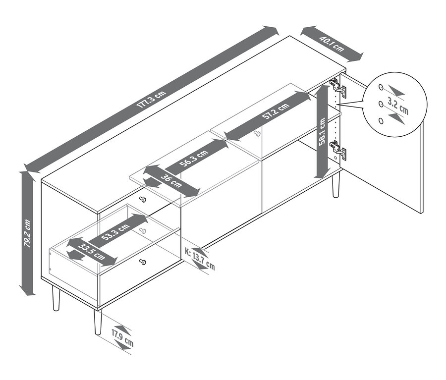 Rysunek szafki typu sideboard »Bekeson« z wymiarami.