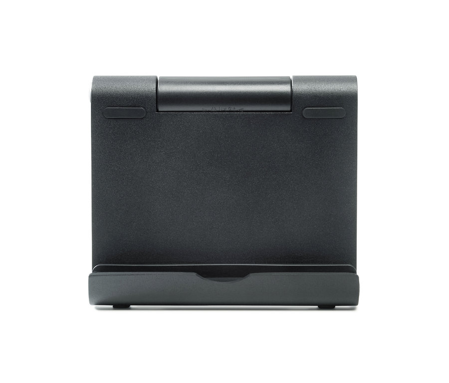 Czarny stojak na smartfon lub tablet w zbliżeniu.