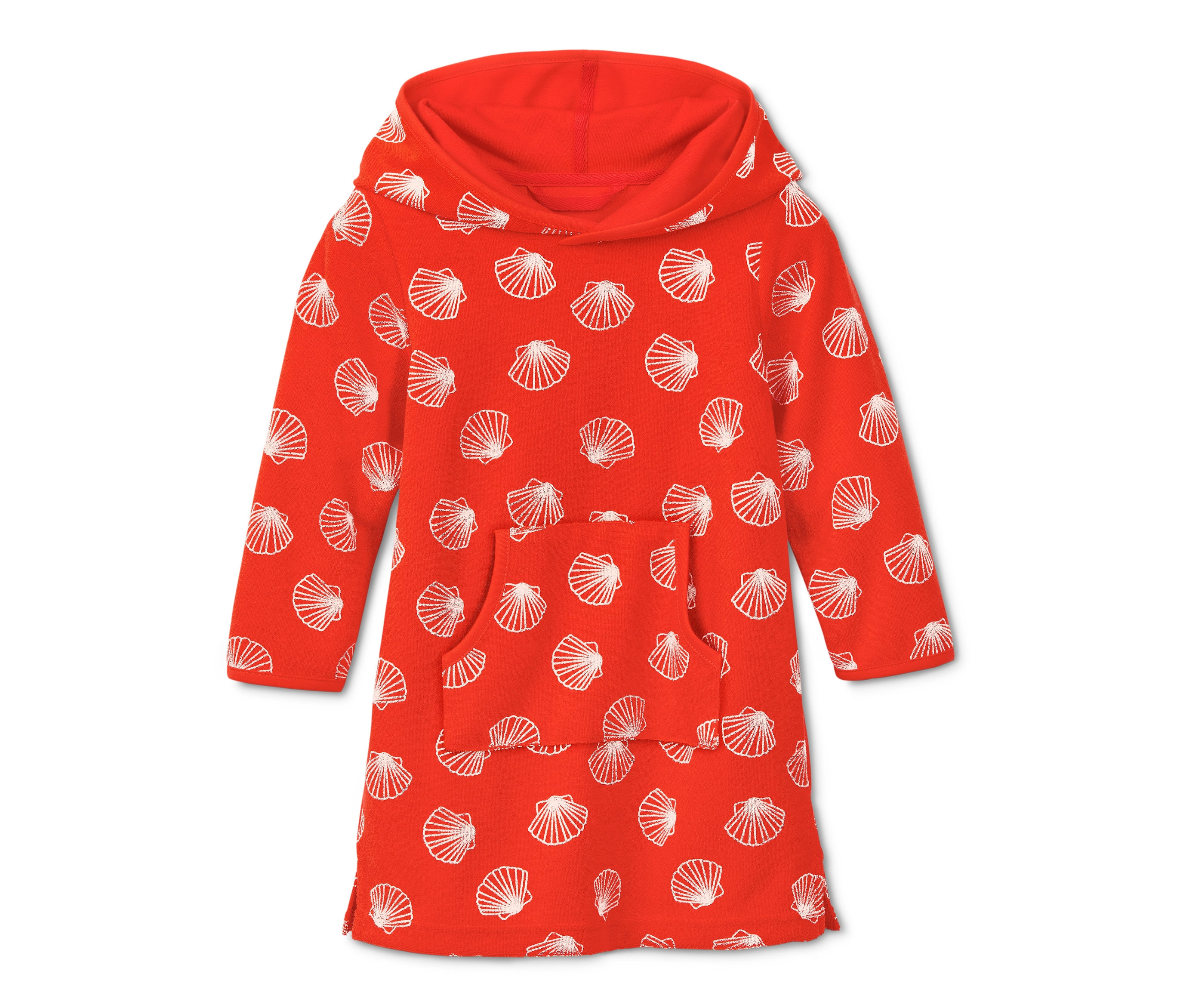 Pomarańczowo-biała sukienka z tkaniny frotte z kapturem, kieszenią i wzorem w muszle.