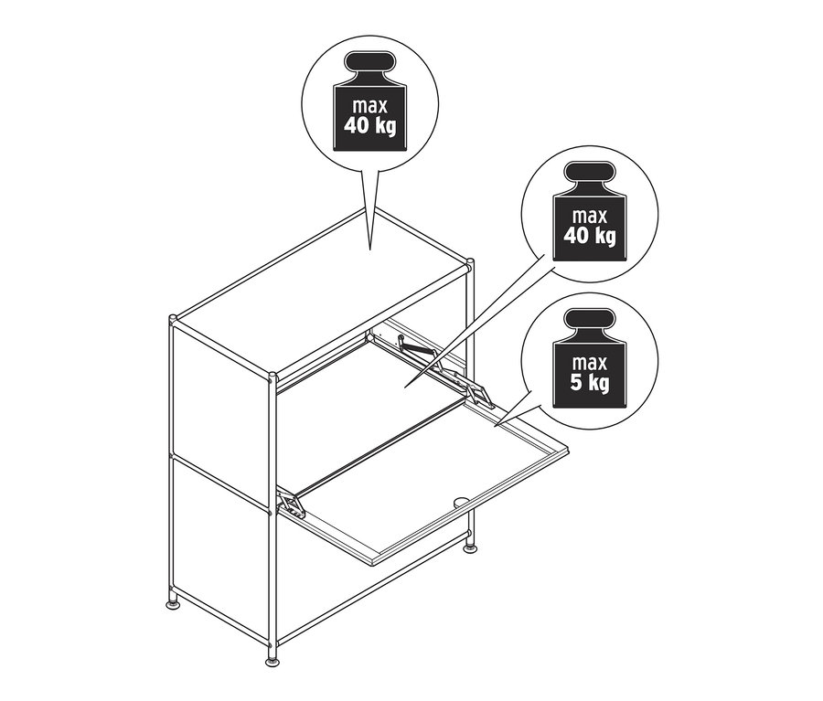 Rysunek metalowej szafki typu sideboard »CN3« z klapami. Maksymalne obciążenie blatu wynosi 40 kg, a maksymalne obciążenie klap wynosi 5 kg.